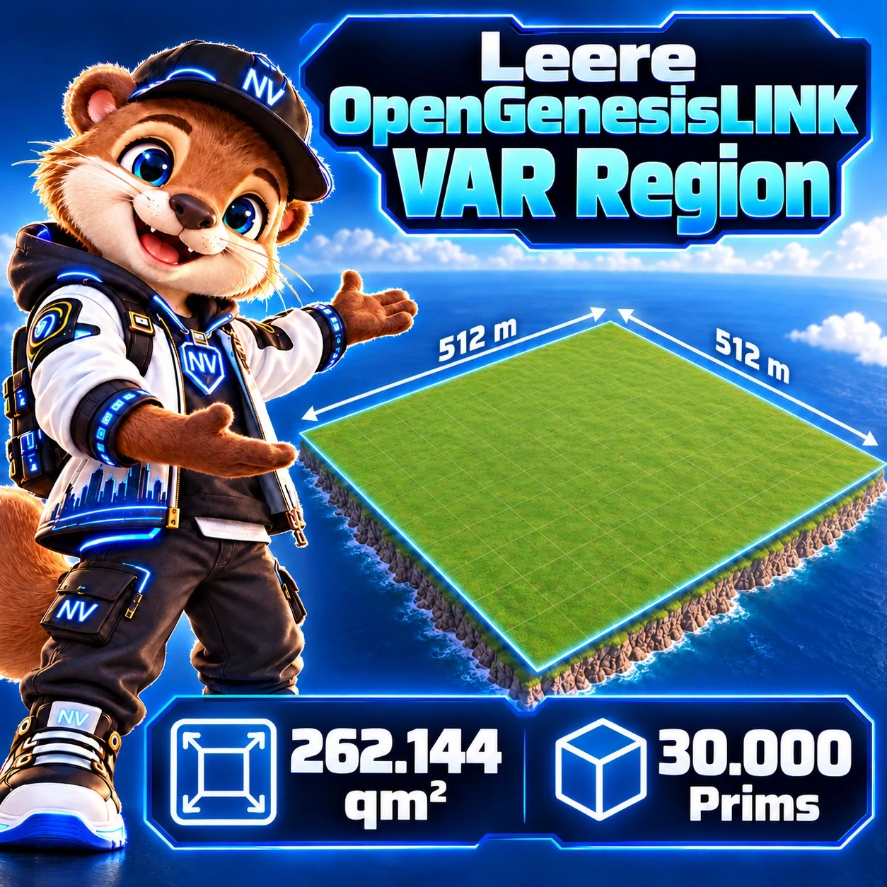 Werbegrafik: Leere OpenGenesisLINK-VAR-Region mit Stadt-NexVerse-Maskottchen und 512 × 512 Meter großer grüner Region über dem Meer. Die Grafik nennt beispielhaft 30.000 Prims.
